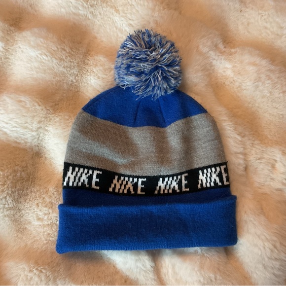 Nike Kids Blue and Gray Beanie with Pom-Pom - Picture 2 of 5